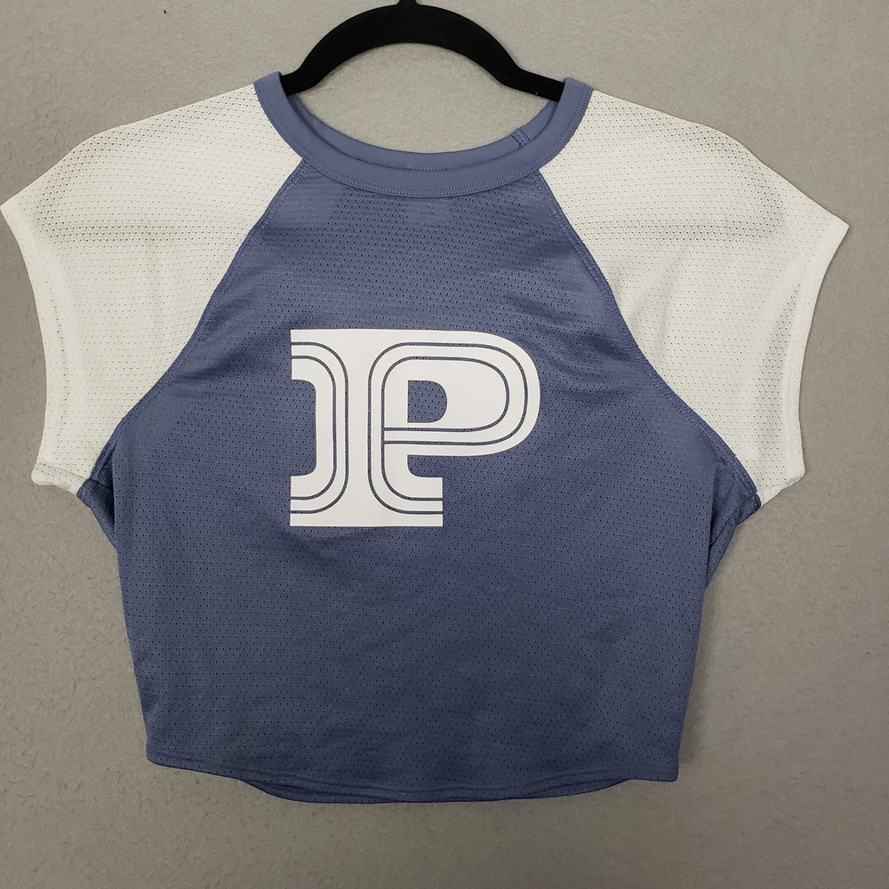 PINK Mesh Cropped Ringer Tee Shirt Blue White Colorblock Sporty Athleisure Sz S